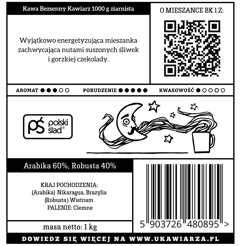Kawa w ziarnach ręcznie palona Bezsenny Kawiarz 2.0 60/40 arabika/robusta 1000g