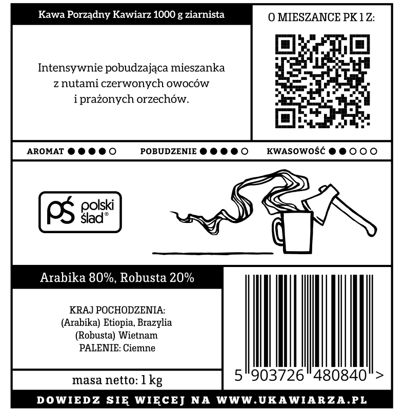 Kawa w ziarnach ręcznie palona Porządny Kawiarz 2.0 80/20 arabika/robusta 1000g