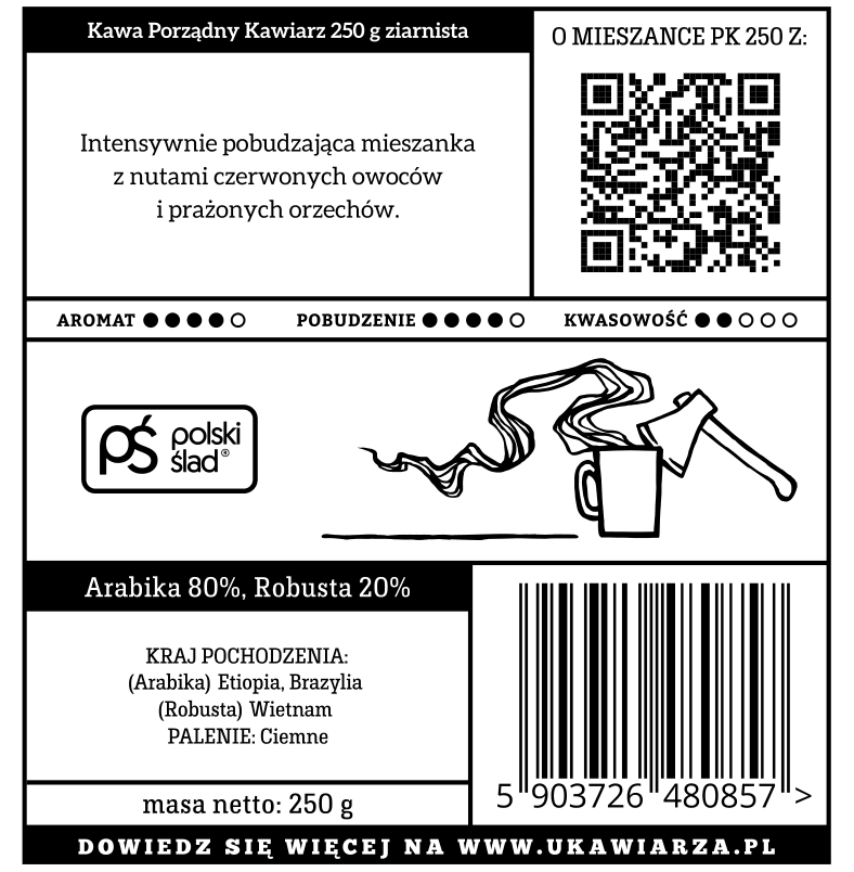 Kawa w ziarnach ręcznie palona Porządny Kawiarz 2.0 80/20 arabika/robusta 250g