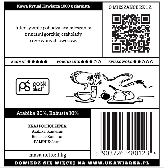 Kawa w ziarnach ręcznie palona Rytuał Kawiarza 90/10 arabika/robusta 1000g